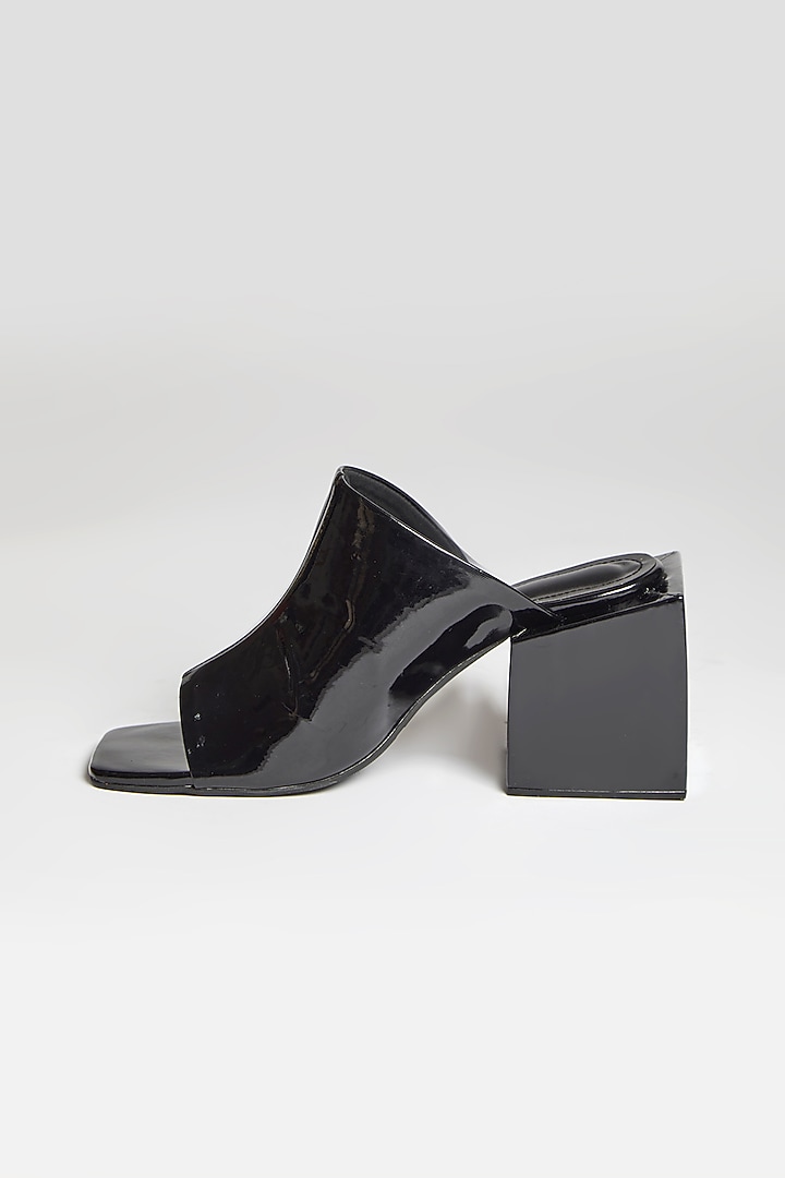 Black Faux Leather Square Block Heels by TIESTA at Pernia's Pop Up Shop