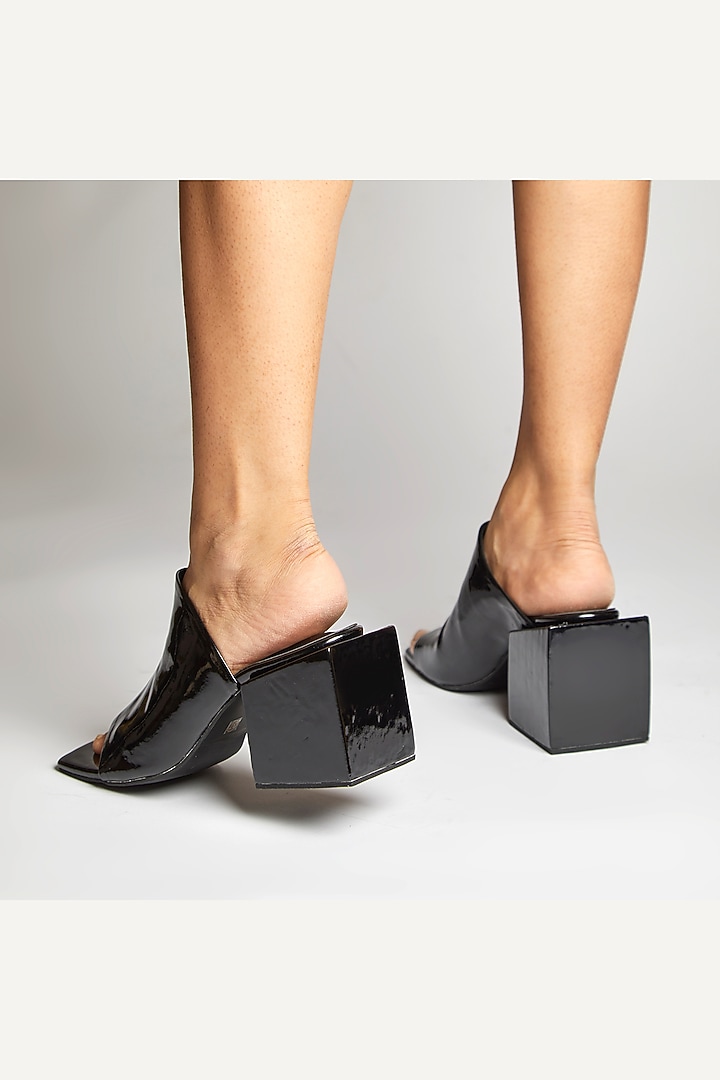 Black Faux Leather Square Block Heels by TIESTA at Pernia's Pop Up Shop