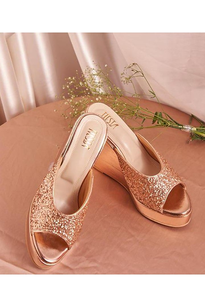 Rose Gold Faux Leather Wedges by TIESTA at Pernia's Pop Up Shop