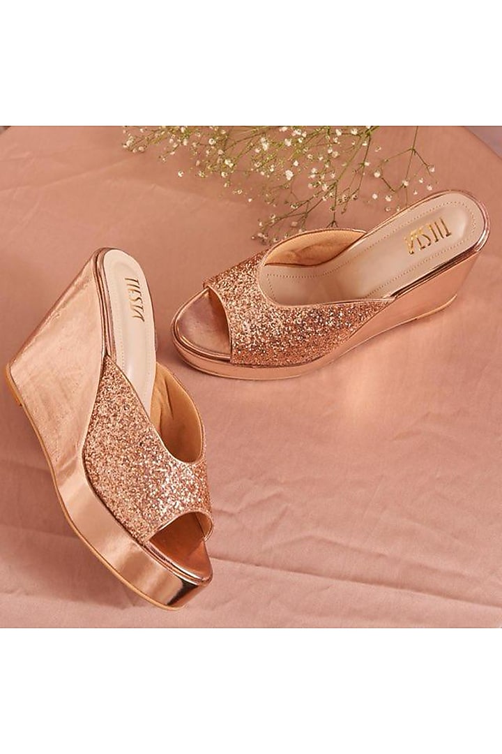 Rose Gold Faux Leather Wedges by TIESTA at Pernia's Pop Up Shop