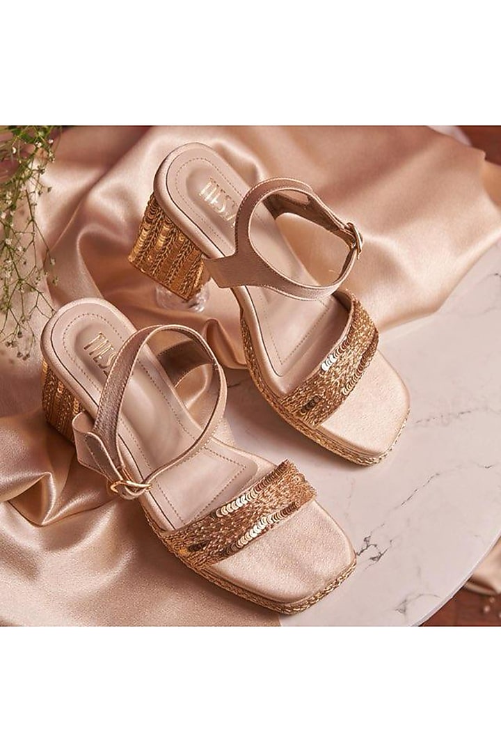 Gold Faux Leather Hand Embroidered Block Heels by TIESTA at Pernia's Pop Up Shop