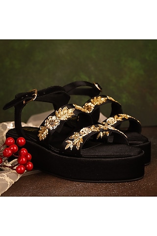 Black Faux Leather Embroidered Wedges by TIESTA