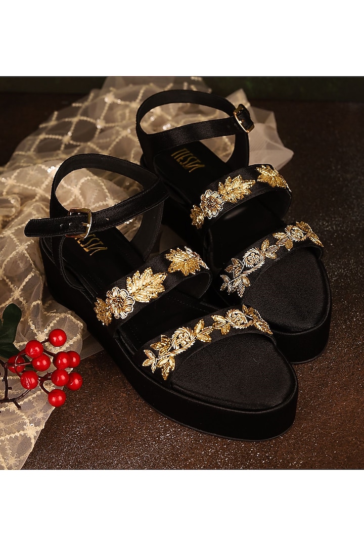 Black Faux Leather Embroidered Wedges by TIESTA at Pernia's Pop Up Shop