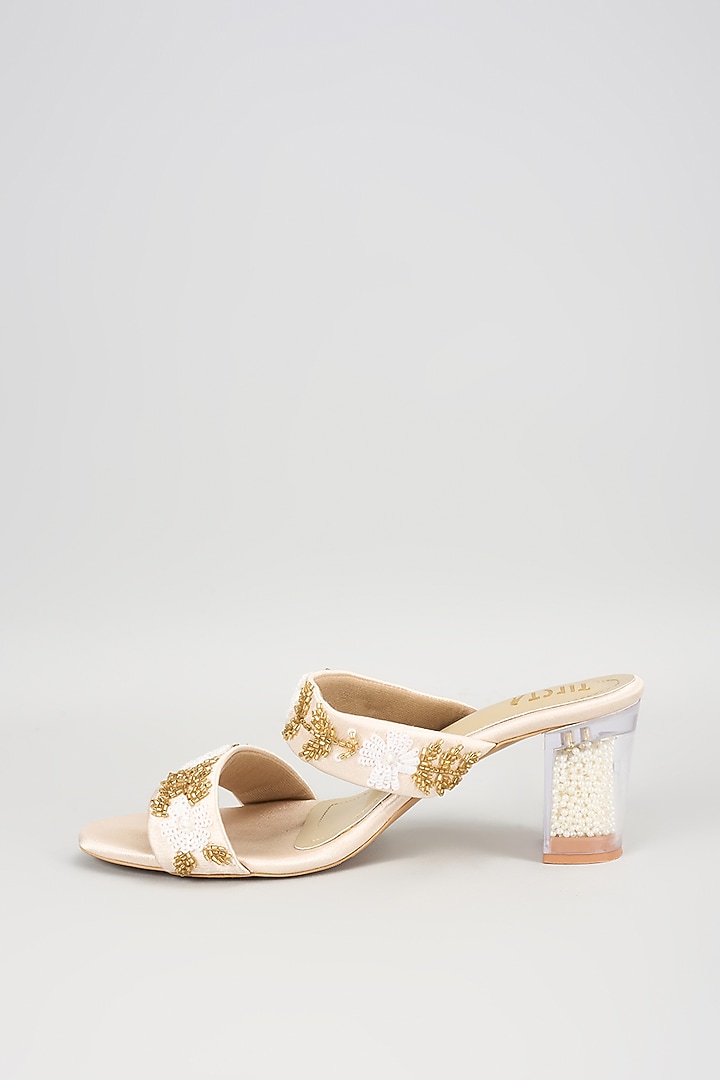 White Suede Pearl Work Block Heels by TIESTA at Pernia's Pop Up Shop