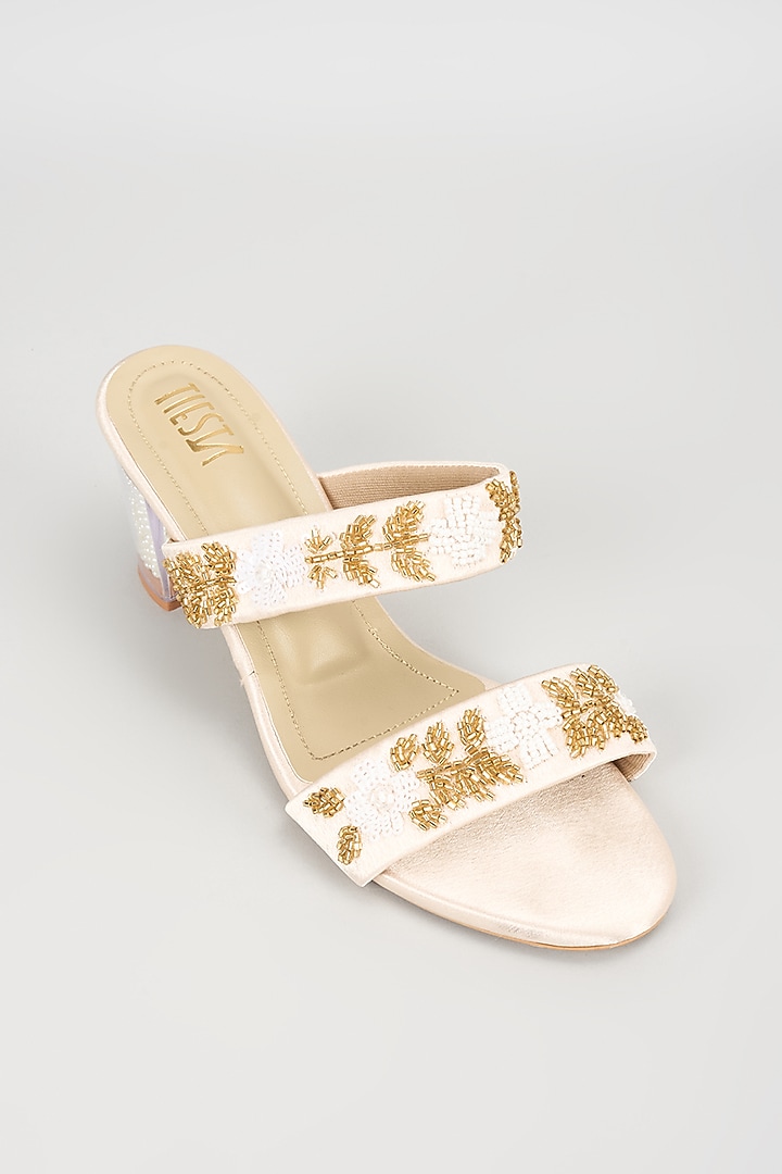 White Suede Pearl Work Block Heels by TIESTA at Pernia's Pop Up Shop
