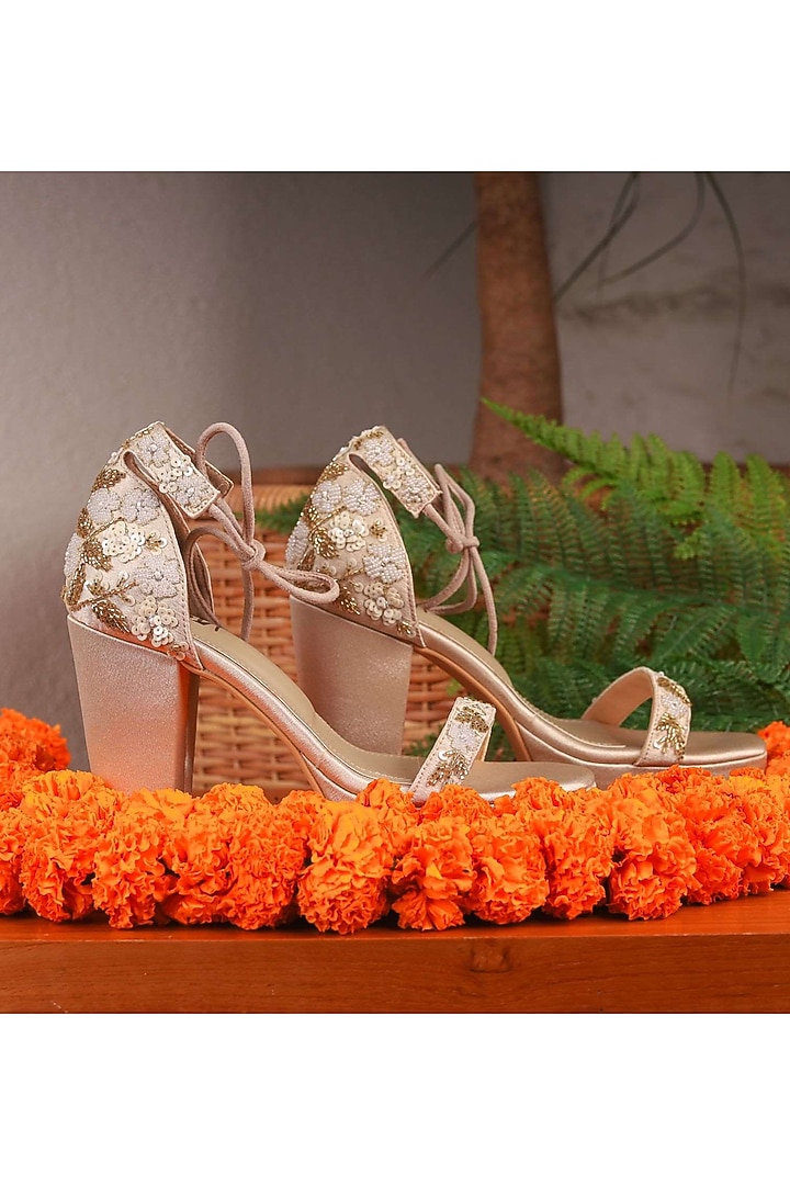 Gold Faux Leather High Block Heels by TIESTA at Pernia's Pop Up Shop