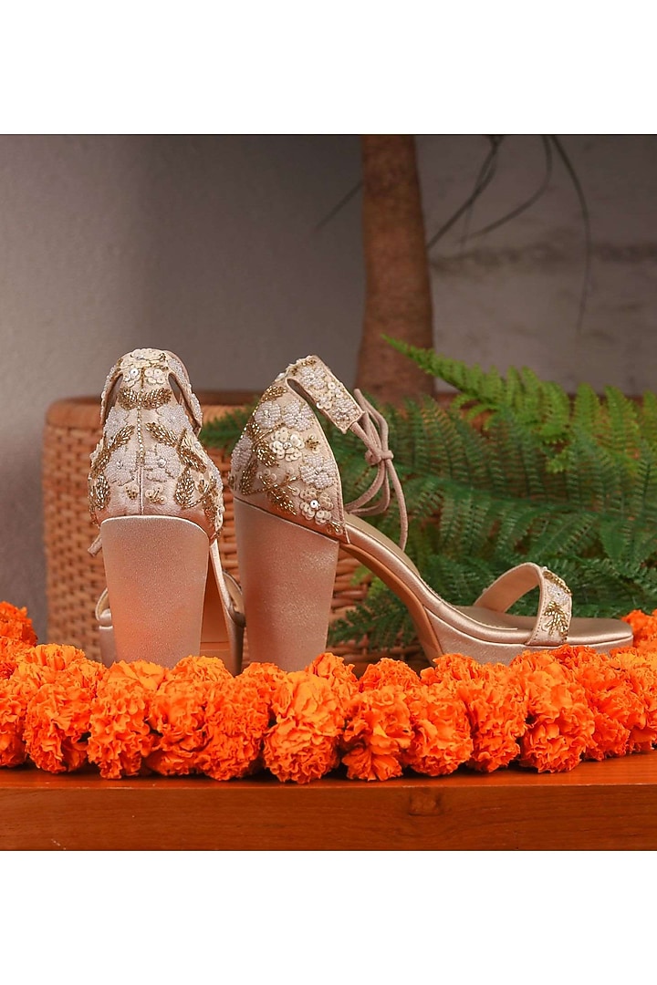 Gold Faux Leather High Block Heels by TIESTA at Pernia's Pop Up Shop