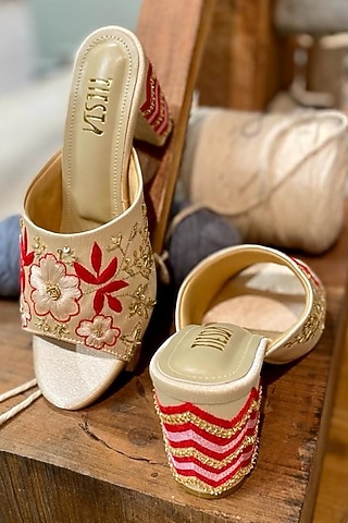 Gold Faux Leather Hand Embroidered Heels by TIESTA
