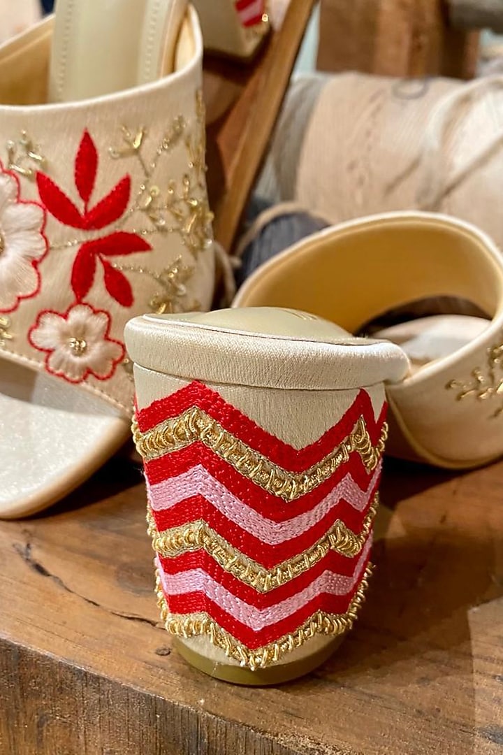 Gold Faux Leather Hand Embroidered Heels by TIESTA at Pernia's Pop Up Shop