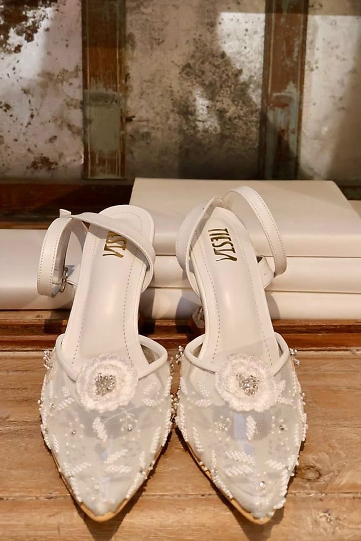 White Faux Leather Embroidered Heels by TIESTA at Pernia's Pop Up Shop