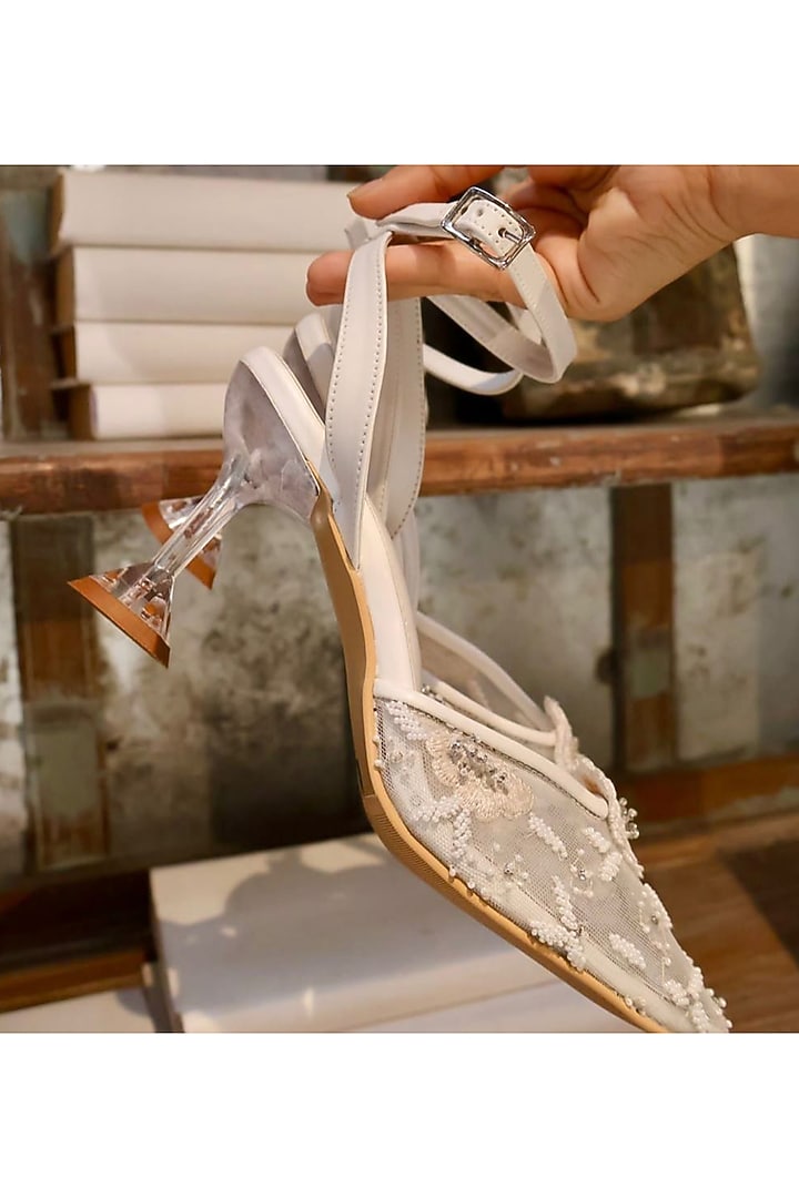 White Faux Leather Embroidered Heels by TIESTA at Pernia's Pop Up Shop