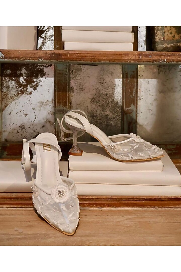 White Faux Leather Embroidered Heels by TIESTA at Pernia's Pop Up Shop