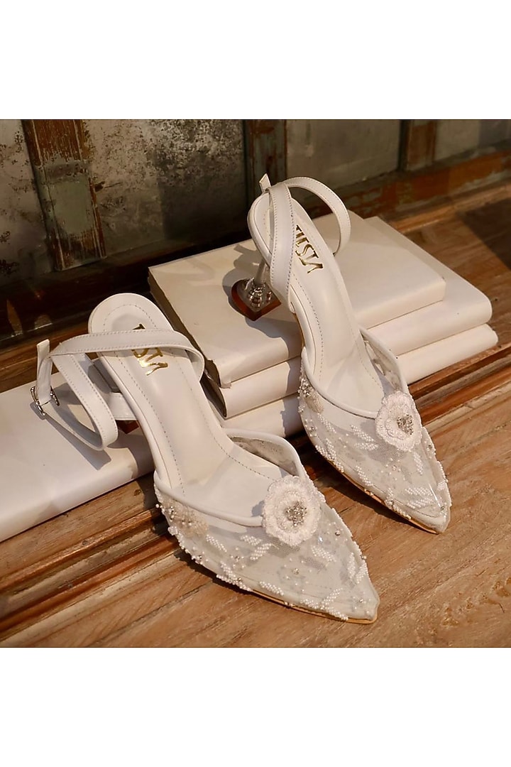 White Faux Leather Embroidered Heels by TIESTA at Pernia's Pop Up Shop