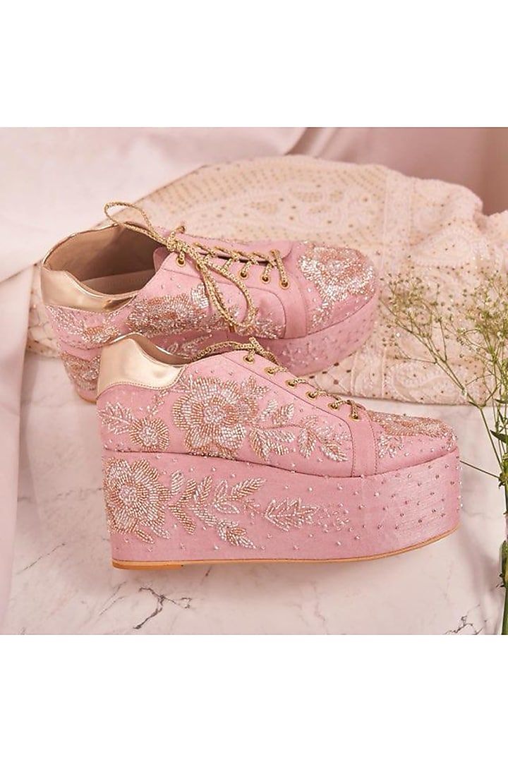 Pink Faux Leather Hand Embroidered Sneakers by TIESTA at Pernia's Pop Up Shop