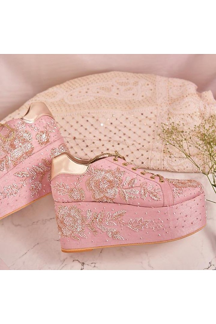 Pink Faux Leather Hand Embroidered Sneakers by TIESTA at Pernia's Pop Up Shop