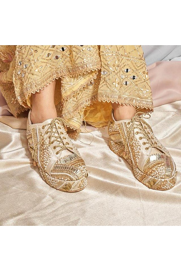 Gold Faux Leather Sneakers by TIESTA at Pernia's Pop Up Shop