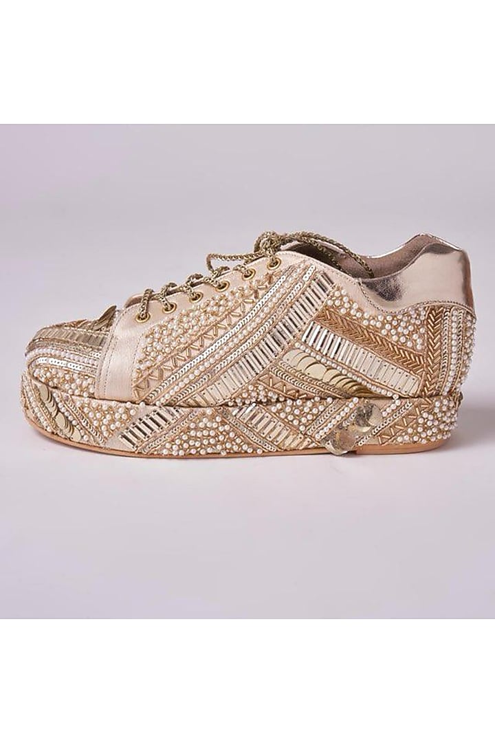 Gold Faux Leather Sneakers by TIESTA at Pernia's Pop Up Shop