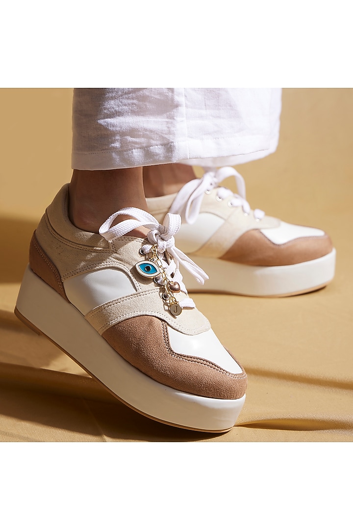 Beige Vegan Leather Platform Sneakers by TIESTA at Pernia's Pop Up Shop