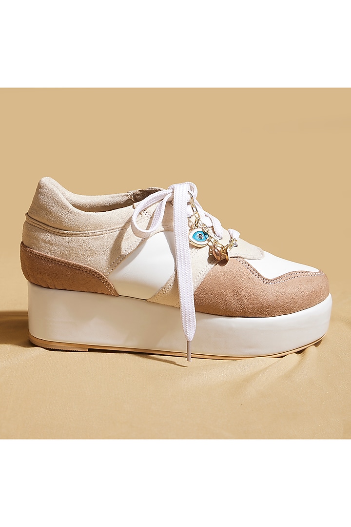 Beige Vegan Leather Platform Sneakers by TIESTA at Pernia's Pop Up Shop