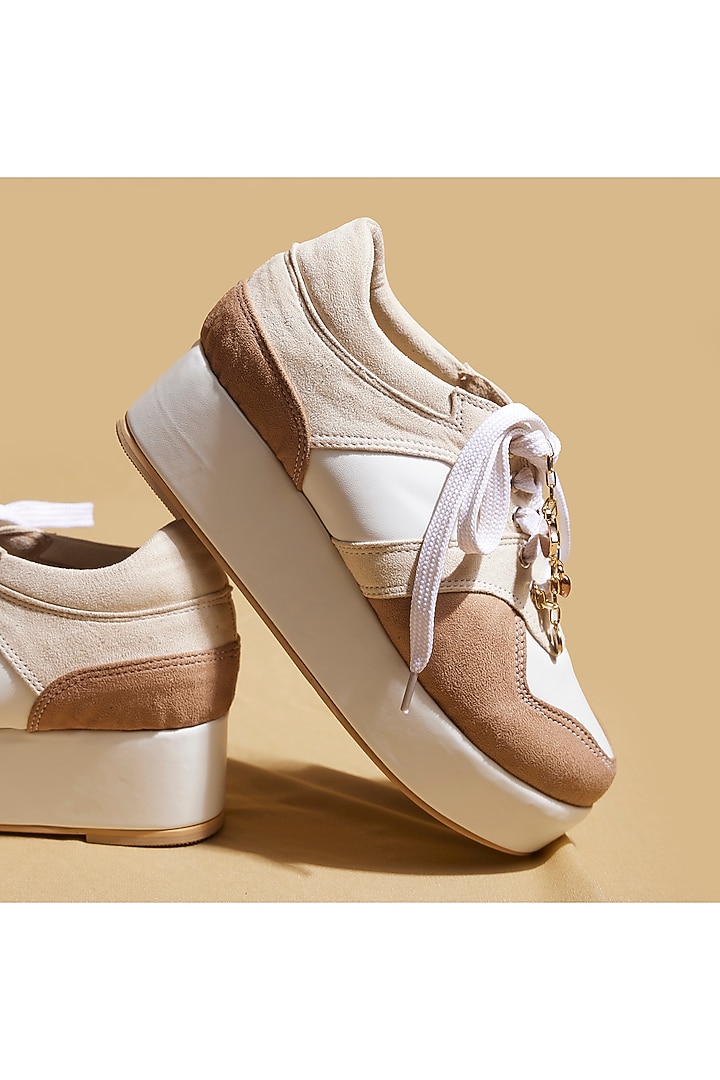 Beige Vegan Leather Platform Sneakers by TIESTA at Pernia's Pop Up Shop
