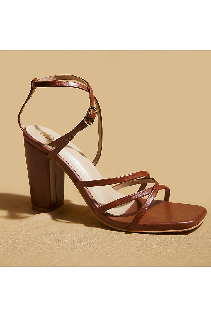 Dark Brown Vegan Leather Strappy Heels by TIESTA at Pernia's Pop Up Shop