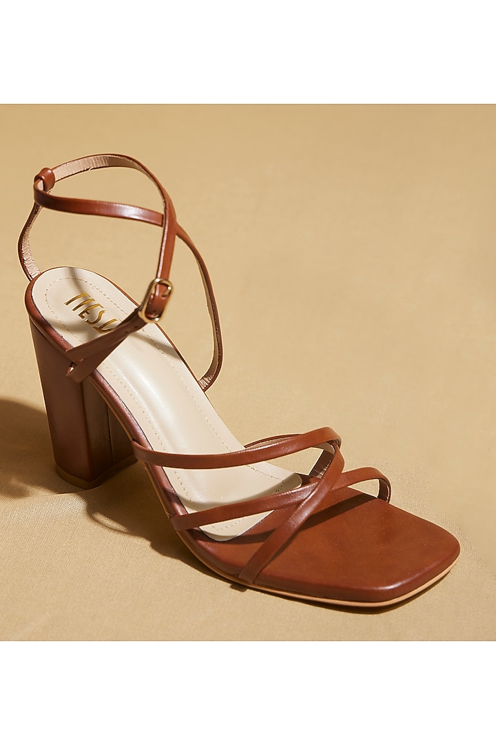 Dark Brown Vegan Leather Strappy Heels by TIESTA at Pernia's Pop Up Shop