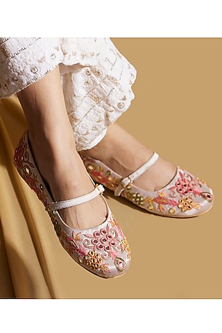 Beige Satin Floral Embroidered Ballerina Flats by TIESTA