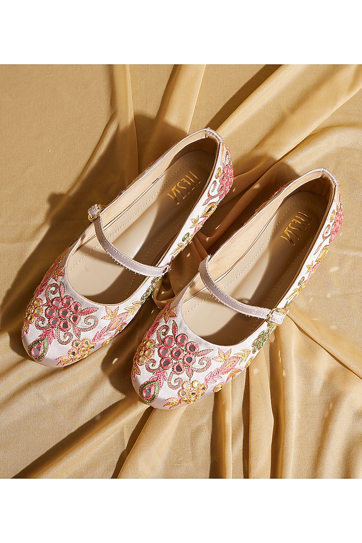 Beige Satin Floral Embroidered Ballerina Flats by TIESTA at Pernia's Pop Up Shop