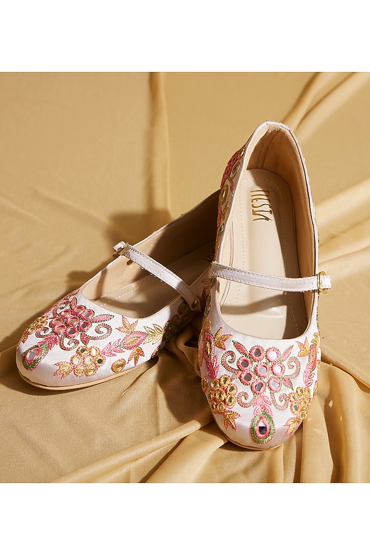 Beige Satin Floral Embroidered Ballerina Flats by TIESTA at Pernia's Pop Up Shop