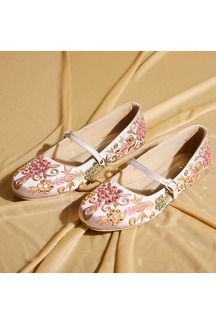 Beige Satin Floral Embroidered Ballerina Flats by TIESTA at Pernia's Pop Up Shop