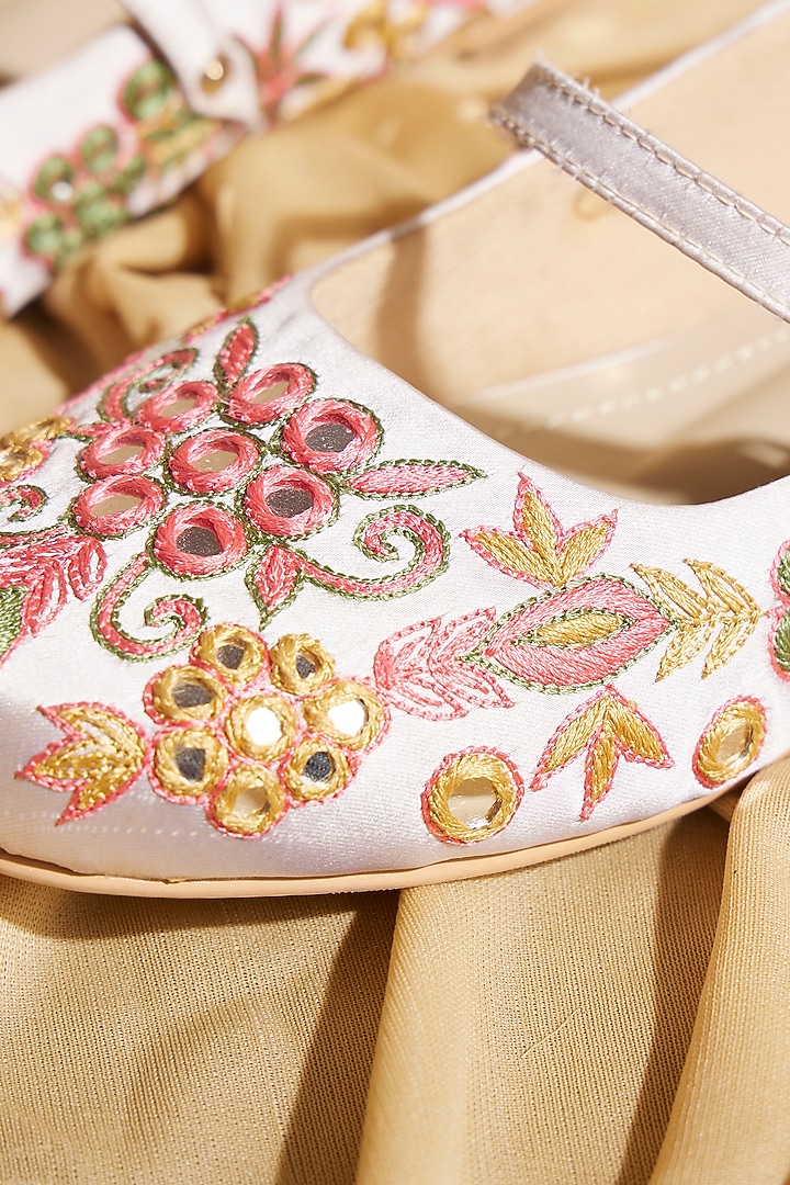 Beige Satin Floral Embroidered Ballerina Flats by TIESTA at Pernia's Pop Up Shop