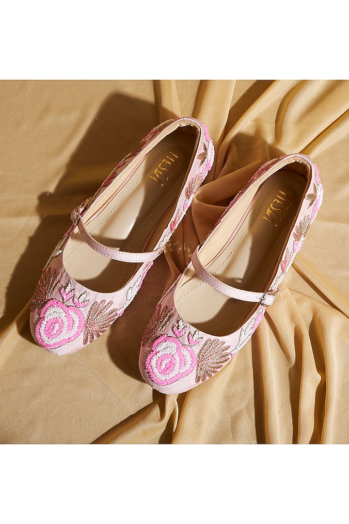 Blush Pink Satin Floral Embroidered Ballerina Flats by TIESTA at Pernia's Pop Up Shop