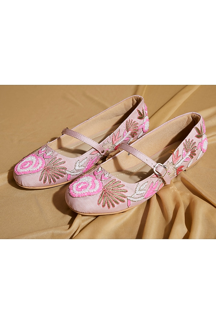 Blush Pink Satin Floral Embroidered Ballerina Flats by TIESTA at Pernia's Pop Up Shop