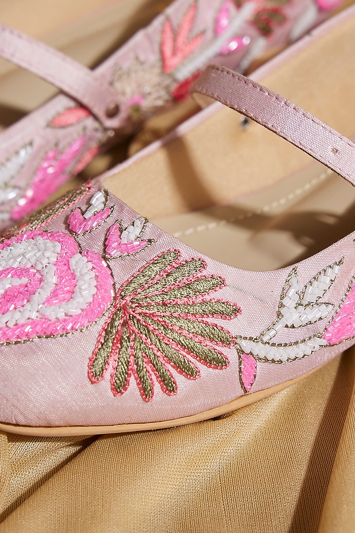 Blush Pink Satin Floral Embroidered Ballerina Flats by TIESTA at Pernia's Pop Up Shop