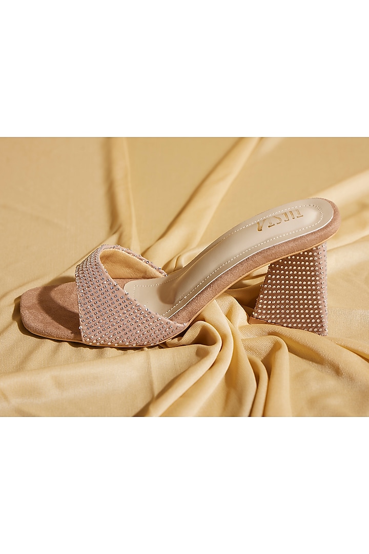 Beige Satin Diamond Embroidered Block Heels by TIESTA at Pernia's Pop Up Shop