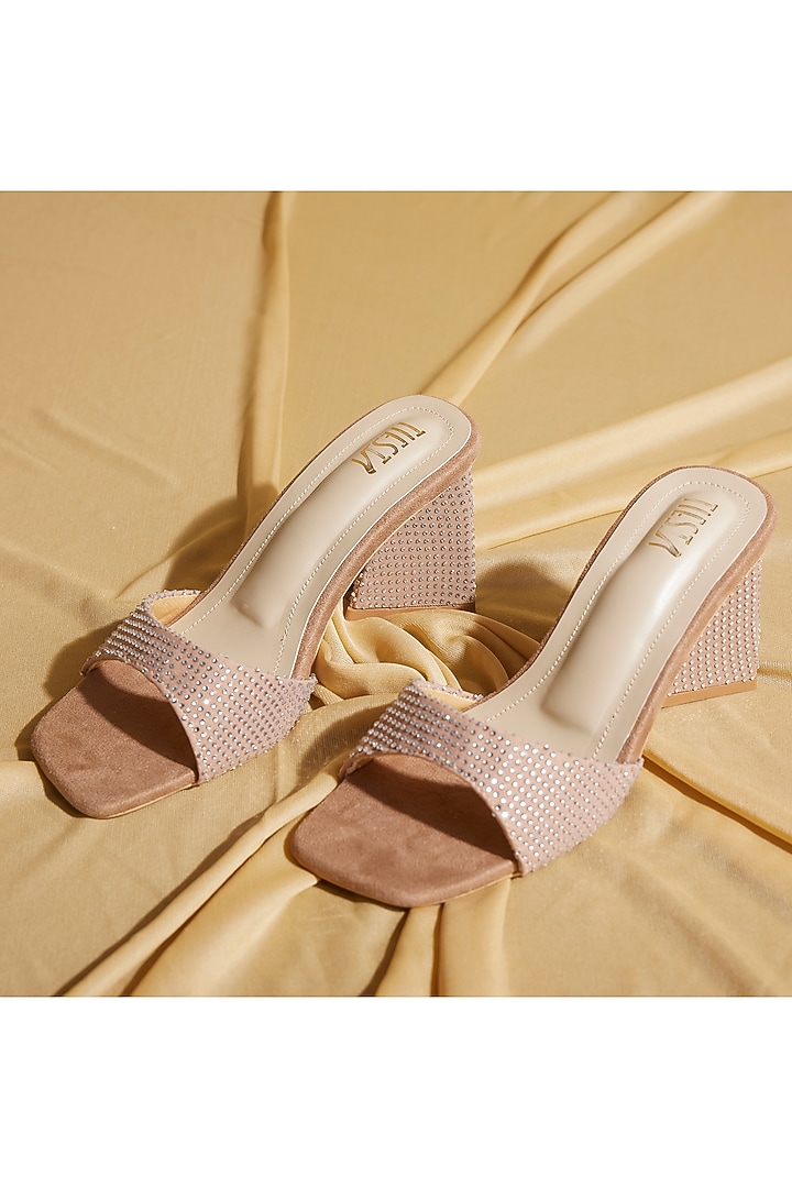 Beige Satin Diamond Embroidered Block Heels by TIESTA at Pernia's Pop Up Shop