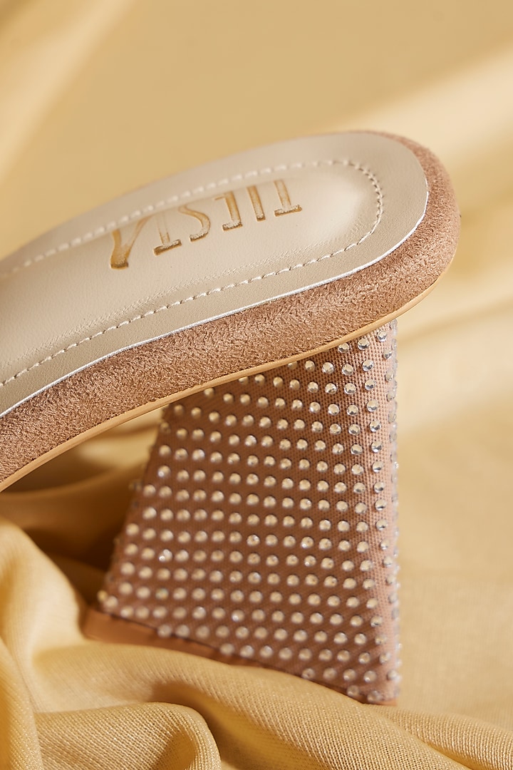 Beige Satin Diamond Embroidered Block Heels by TIESTA at Pernia's Pop Up Shop