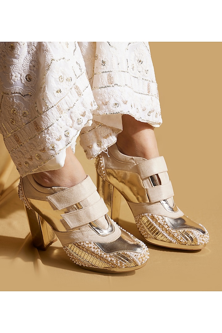 Gold Vegan Leather Hand Embroidered Sneaker Boots by TIESTA at Pernia's Pop Up Shop