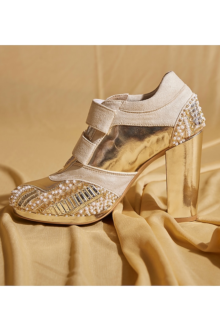 Gold Vegan Leather Hand Embroidered Sneaker Boots by TIESTA at Pernia's Pop Up Shop