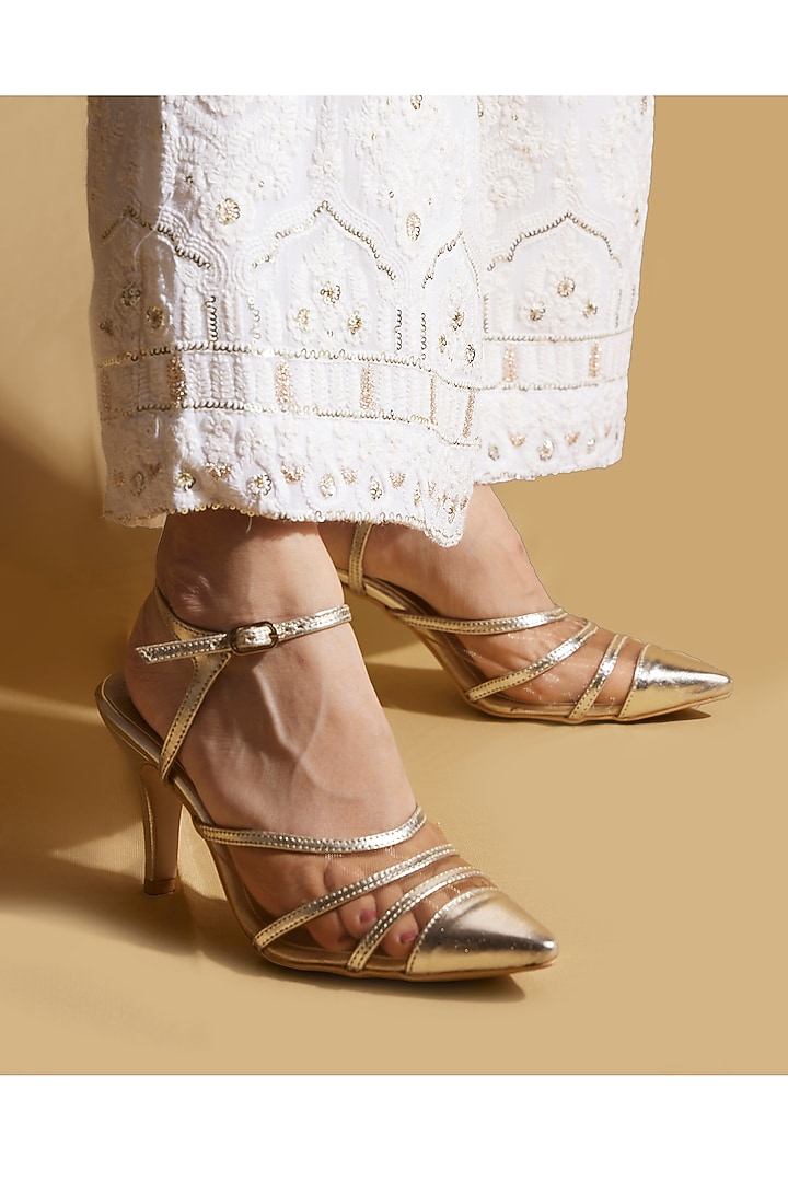 Gold Vegan Leather Stiletto Heels by TIESTA at Pernia's Pop Up Shop