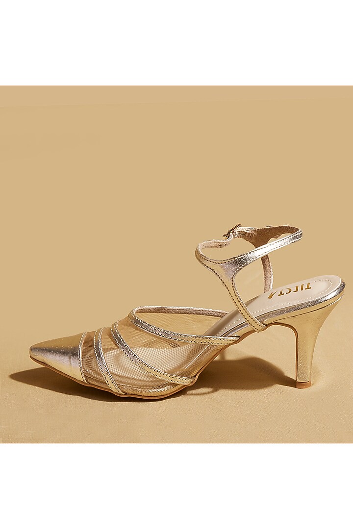 Gold Vegan Leather Stiletto Heels by TIESTA at Pernia's Pop Up Shop