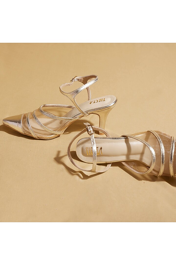 Gold Vegan Leather Stiletto Heels by TIESTA at Pernia's Pop Up Shop