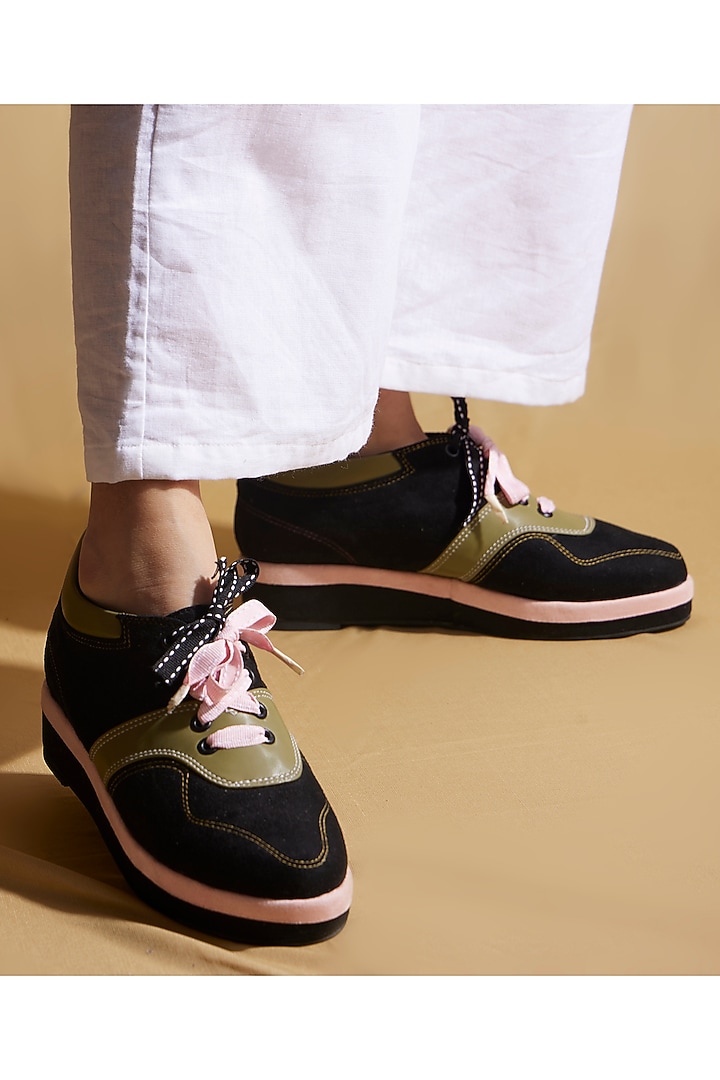 Green & Pink Vegan Leather Platform Sneakers by TIESTA at Pernia's Pop Up Shop