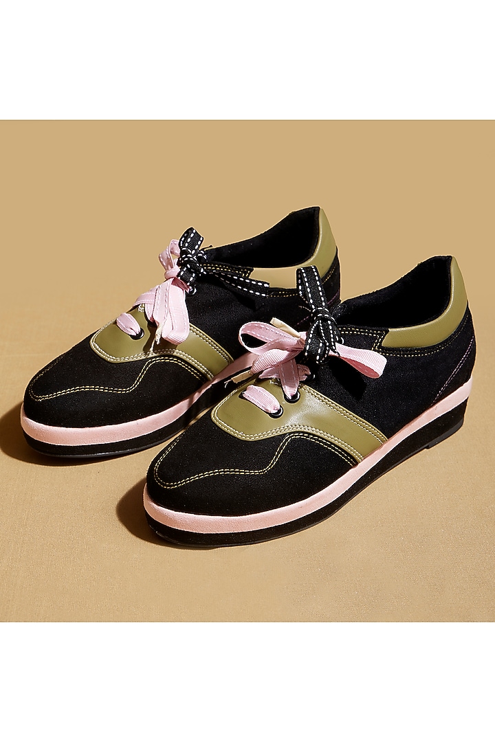 Green & Pink Vegan Leather Platform Sneakers by TIESTA at Pernia's Pop Up Shop