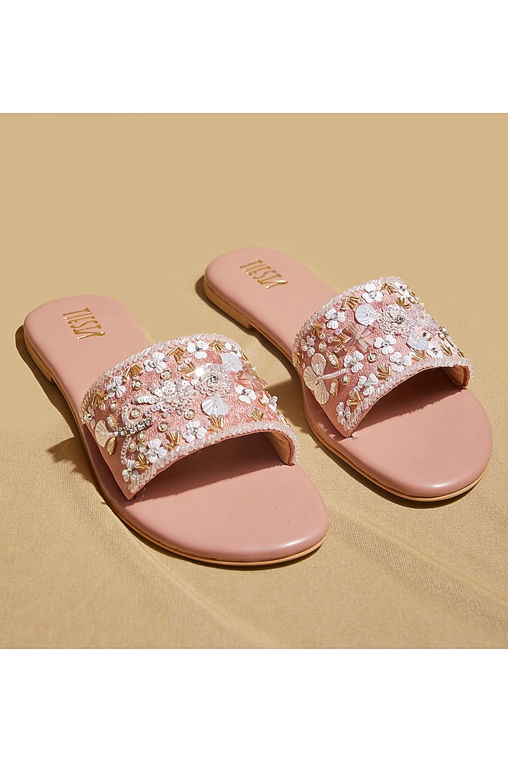 Pink Satin Floral Embroidered Sliders by TIESTA at Pernia's Pop Up Shop