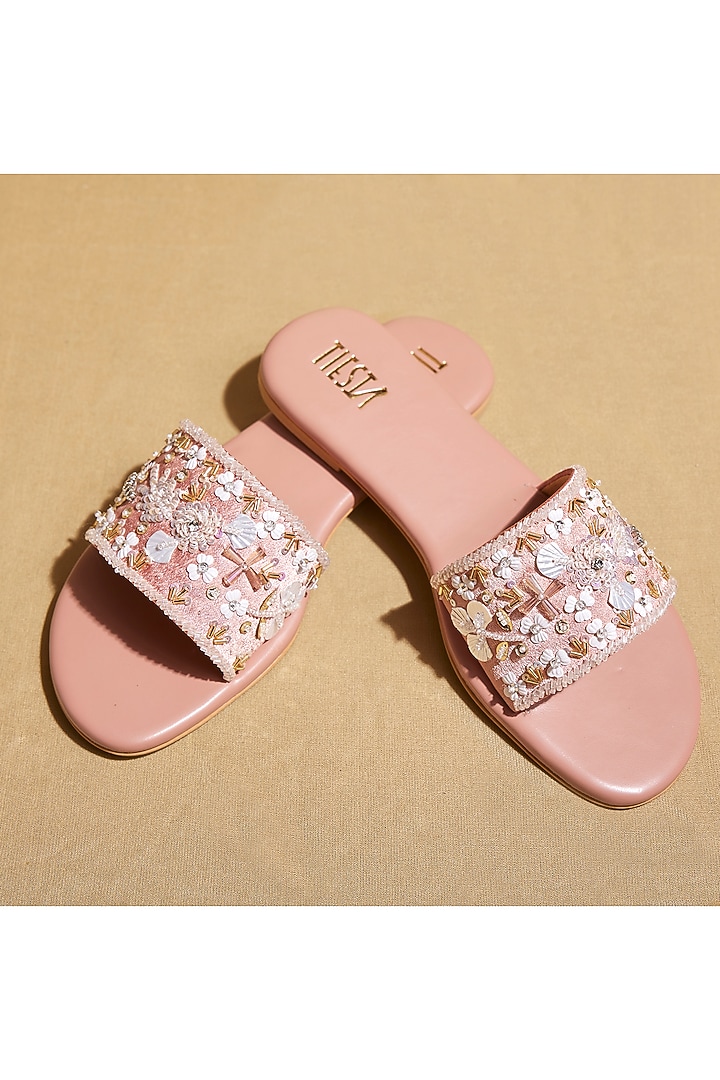 Pink Satin Floral Embroidered Sliders by TIESTA at Pernia's Pop Up Shop