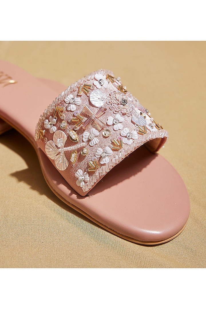 Pink Satin Floral Embroidered Sliders by TIESTA at Pernia's Pop Up Shop