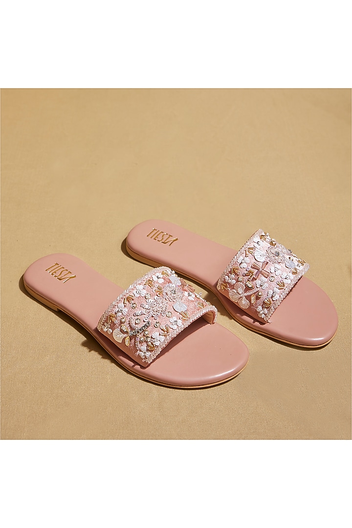 Pink Satin Floral Embroidered Sliders by TIESTA at Pernia's Pop Up Shop