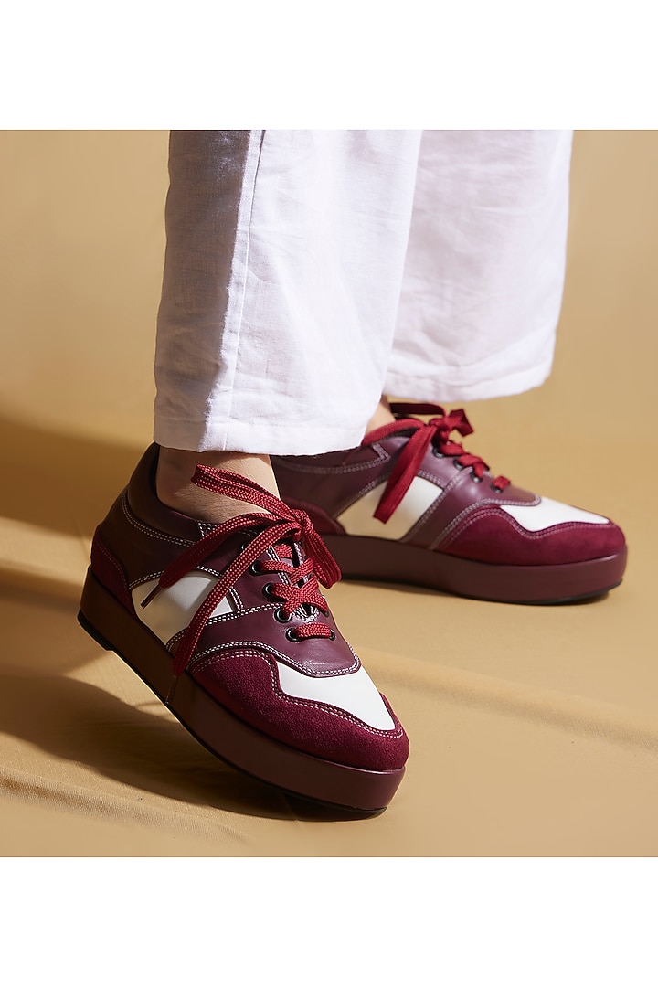 Red Vegan Leather & Suede Platform Sneakers by TIESTA at Pernia's Pop Up Shop