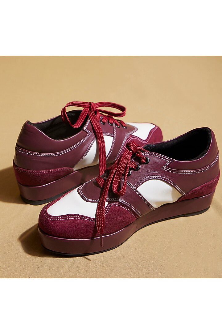 Red Vegan Leather & Suede Platform Sneakers by TIESTA at Pernia's Pop Up Shop